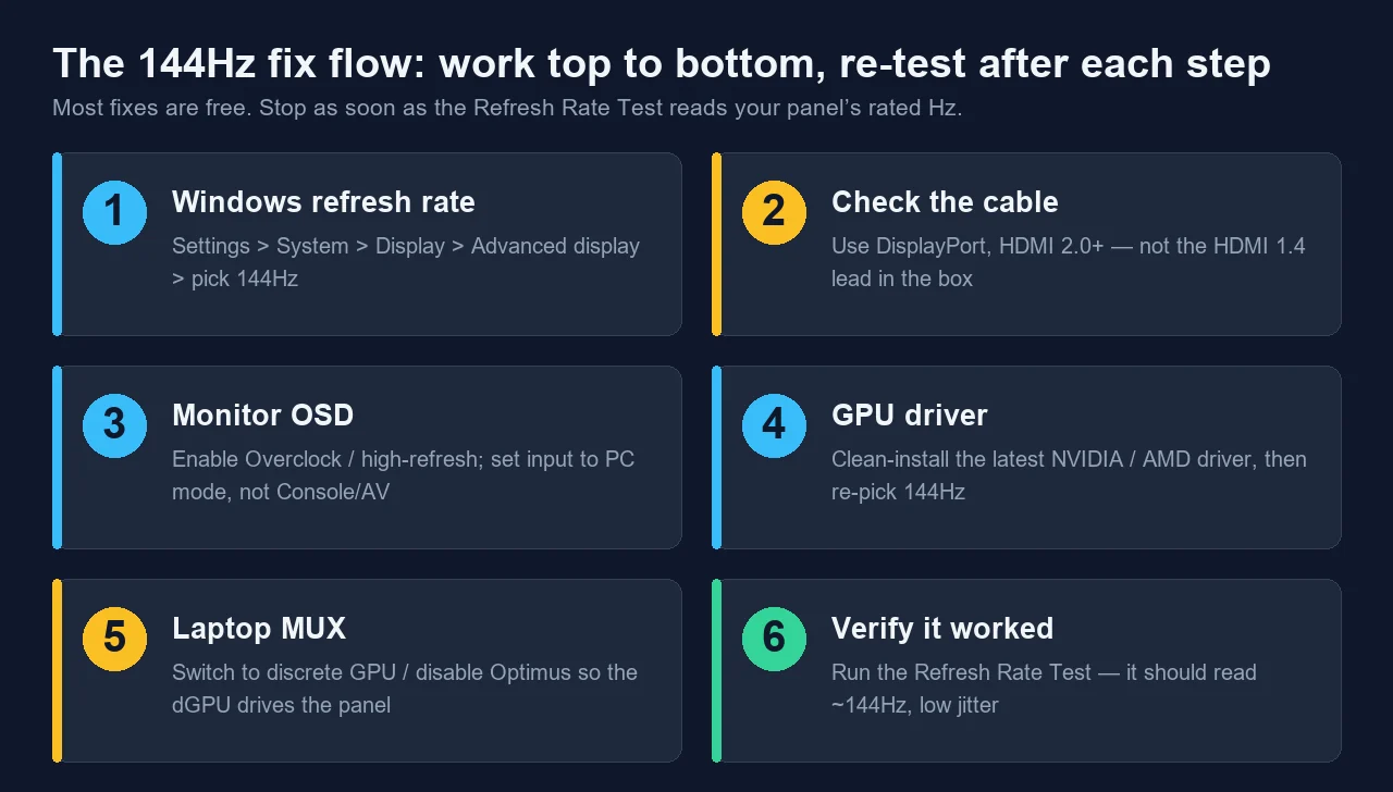 Six-step fix flow for a 144Hz monitor stuck at 60Hz: Windows refresh rate, cable, monitor OSD, GPU driver, laptop MUX switch, then verify with the Refresh Rate Test