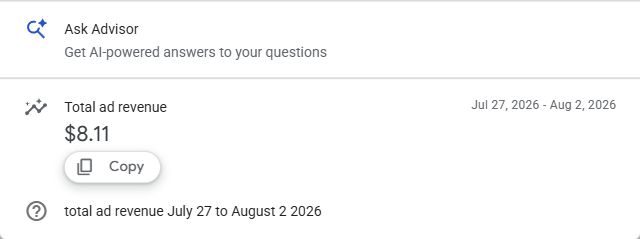 Privacy-safe GA4 crop showing total ad revenue of $8.11 from July 27 through August 2, 2026