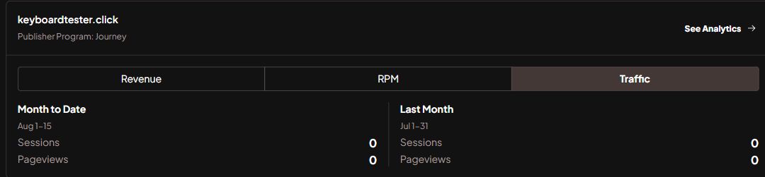 Privacy-safe Journey dashboard crop showing zero imported sessions and pageviews on August 16, 2026