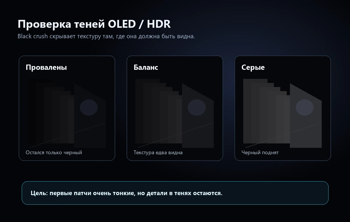 Сравнение теней OLED и HDR с проваленным сбалансированным и серым черным