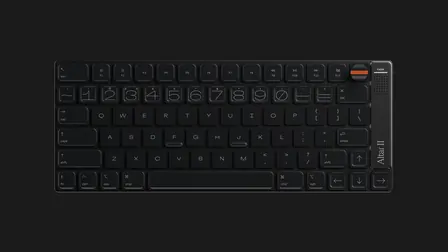 Top view of the black Electronic Materials Office Altar II keyboard with its orange M-Dial