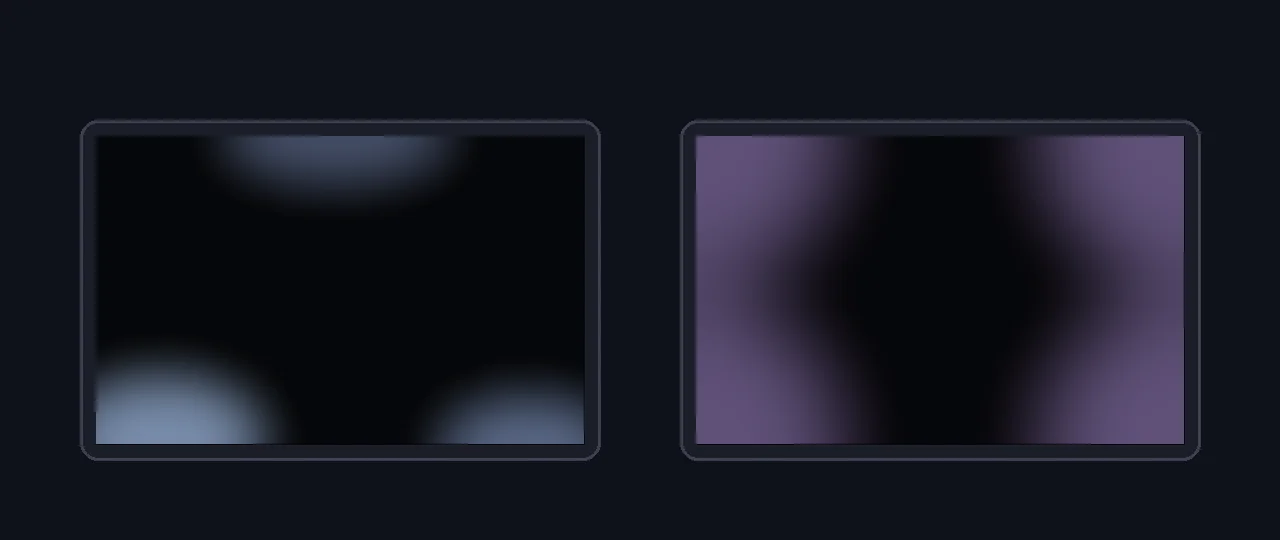 Two black monitor panels side by side: the left shows bluish backlight bleed blooming from the corners, the right shows a purple IPS glow wash spreading from the sides