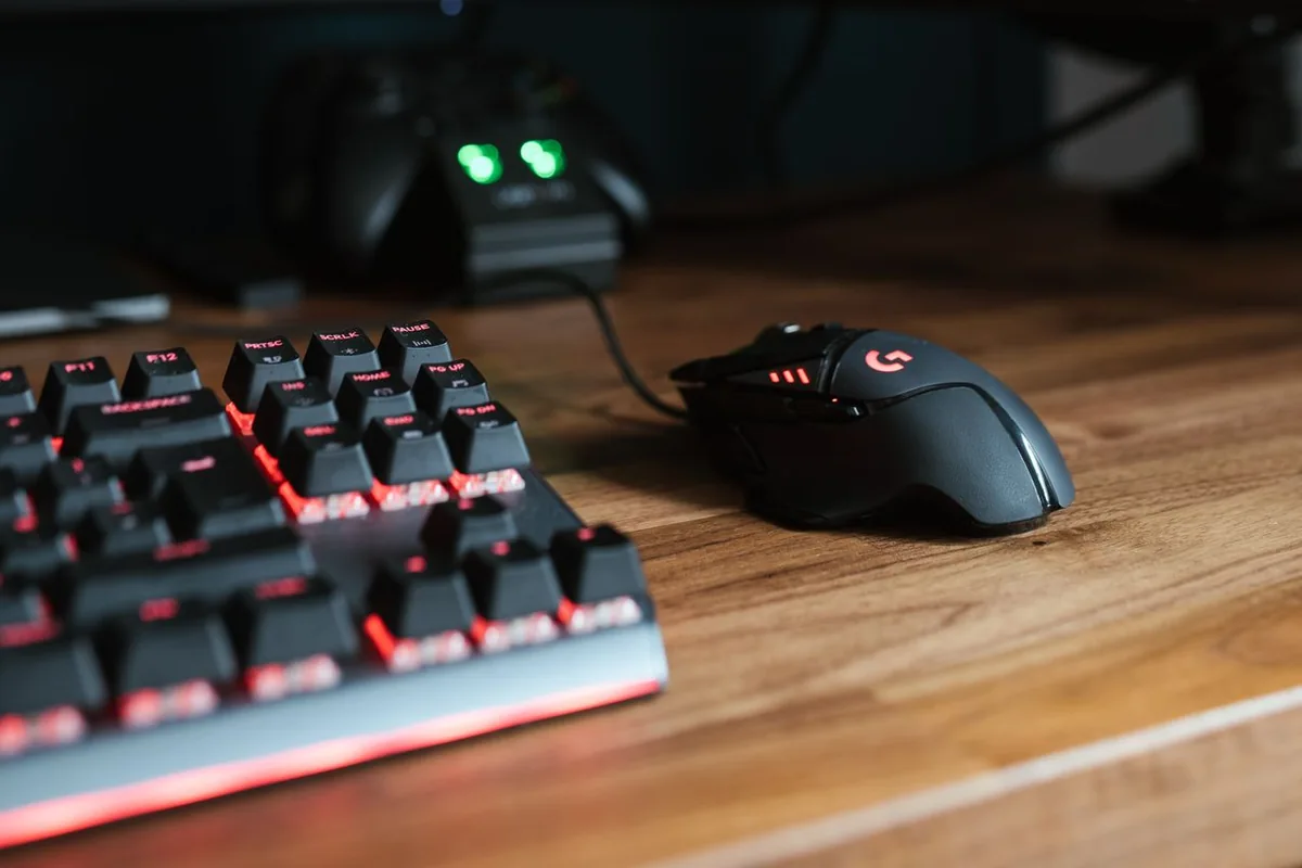 A Logitech gaming mouse with side DPI-stage indicators next to a backlit mechanical keyboard