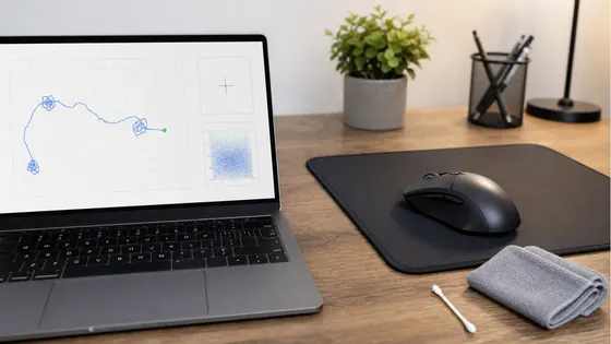 Untouched gaming mouse beside a laptop running a cursor drift diagnostic chart
