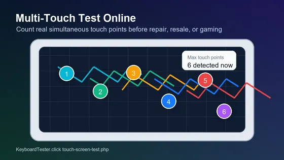 Multi-touch test online showing six simultaneous touch points on a touchscreen diagnostic grid