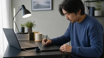 Digital artist troubleshooting stylus pressure on a drawing tablet