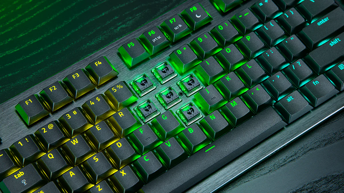 Official close-up of exposed low-profile analog optical switches on the Razer keyboard