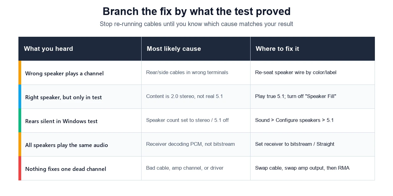 Table mapping each surround sound symptom to its most likely cause and where to fix it, covering swapped cables, stereo content, Windows speaker count, receiver decode, and a dead channel