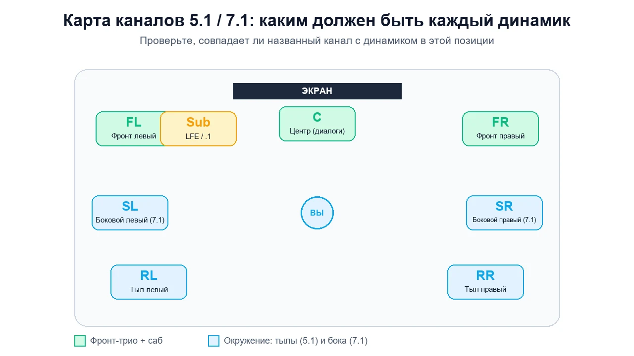Схема расположения каналов 5.1 и 7.1: фронт левый, центр, фронт правый, сабвуфер, боковой левый, боковой правый, тыл левый и тыл правый вокруг места прослушивания