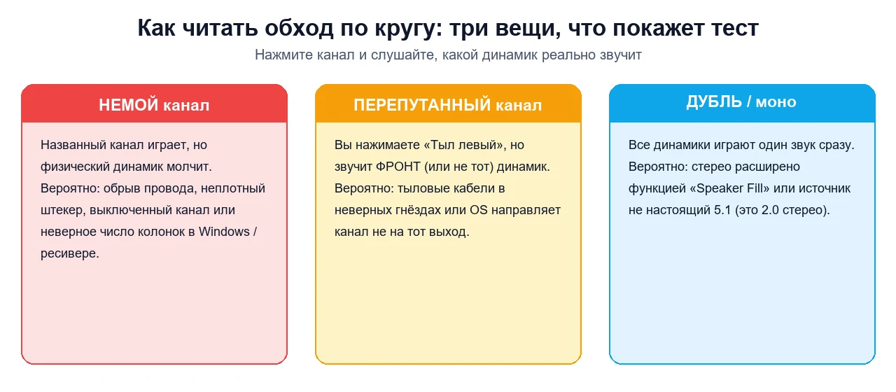 Три карточки результата, объясняющие молчащий канал, перепутанный канал и дублированный или моно-результат при пошаговой проверке объёмного звука, с вероятной причиной каждого