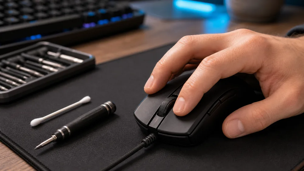 Close de um switch de botão de mouse usado para diagnosticar clique direito