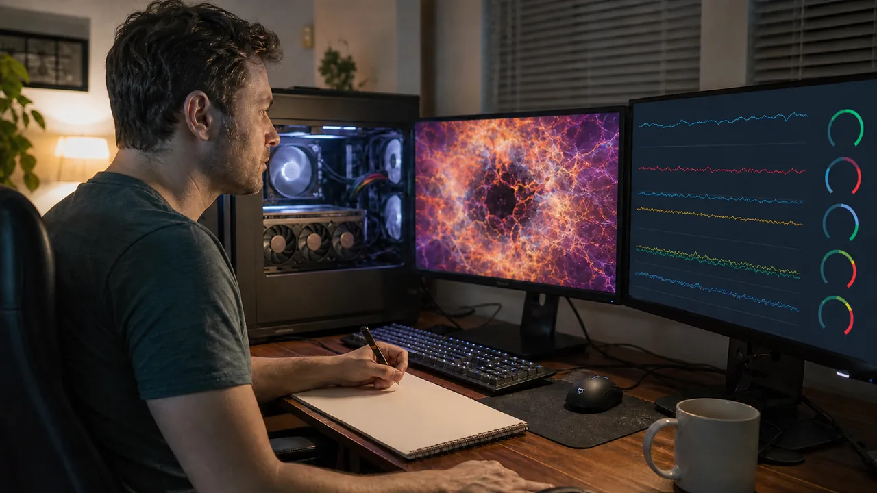 Schéma sans texte montrant une charge GPU navigateur et la surveillance des températures et fréquences