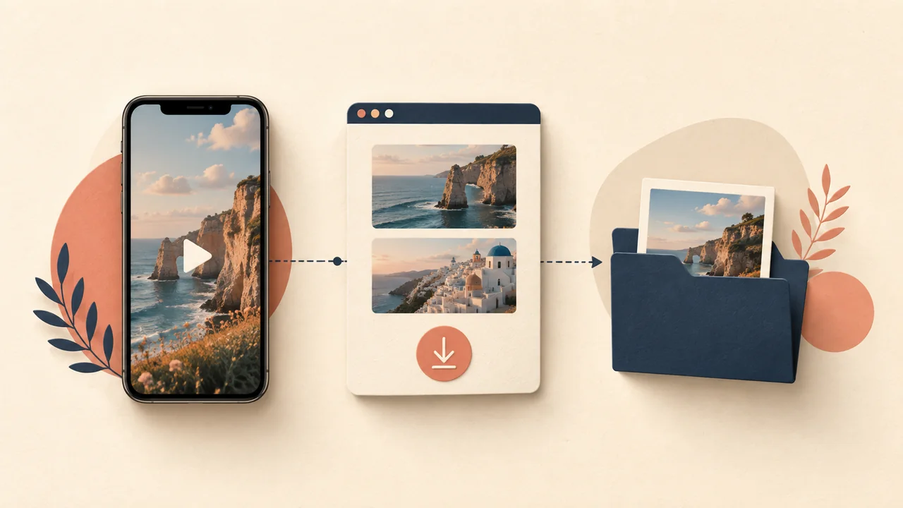 Editorial illustration of a phone video passing through a browser into a folder of saved media
