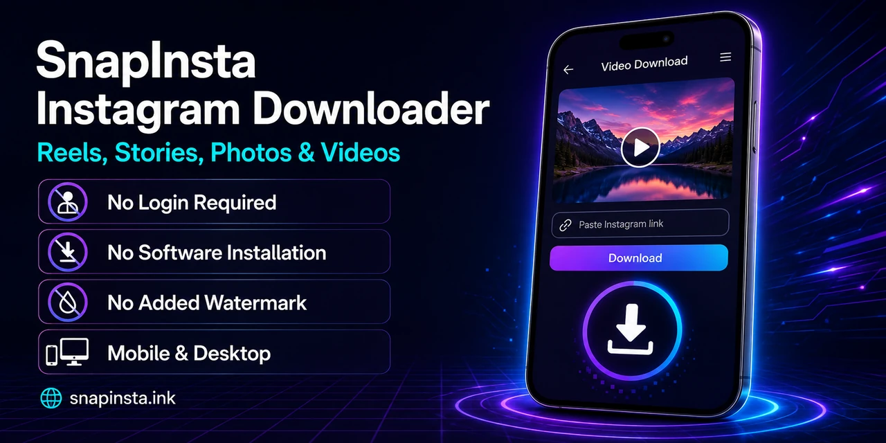SnapInsta Instagram downloader illustration highlighting no login, no software installation, no added watermark, and mobile and desktop use