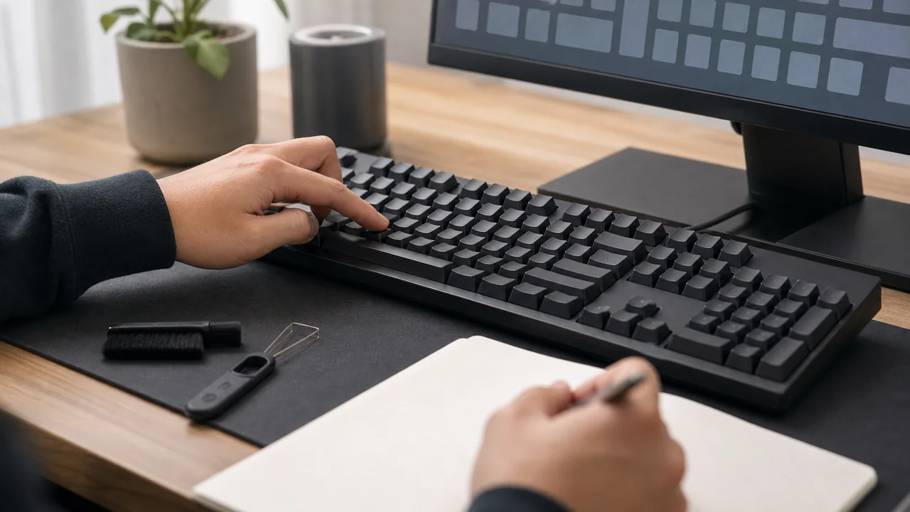 Pessoa verificando se uma tecla registra de forma consistente antes de trocar o teclado