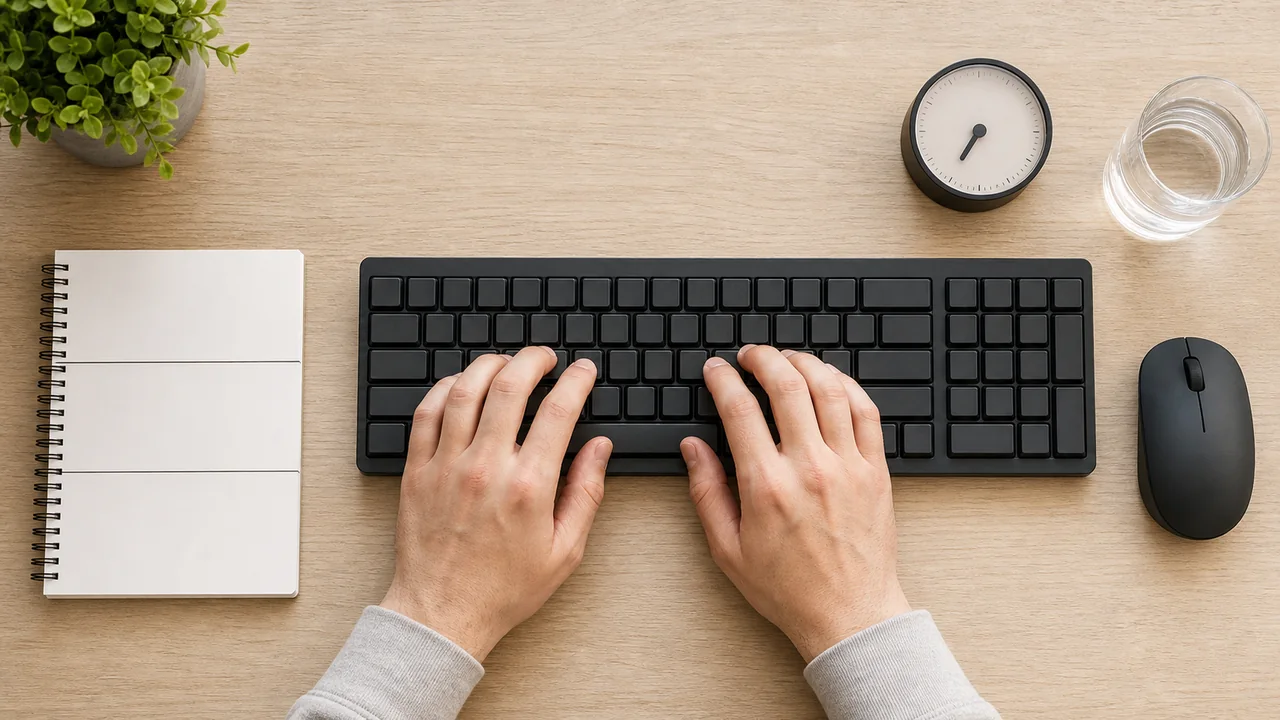 Vista superior do mesmo teclado e de uma folha com três linhas para tentativas
