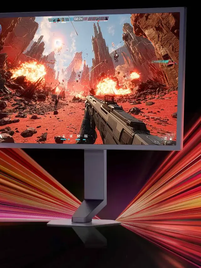 Official LG press image of the UltraGear 25G590B showing a simulated fast-motion game scene above colorful speed rays