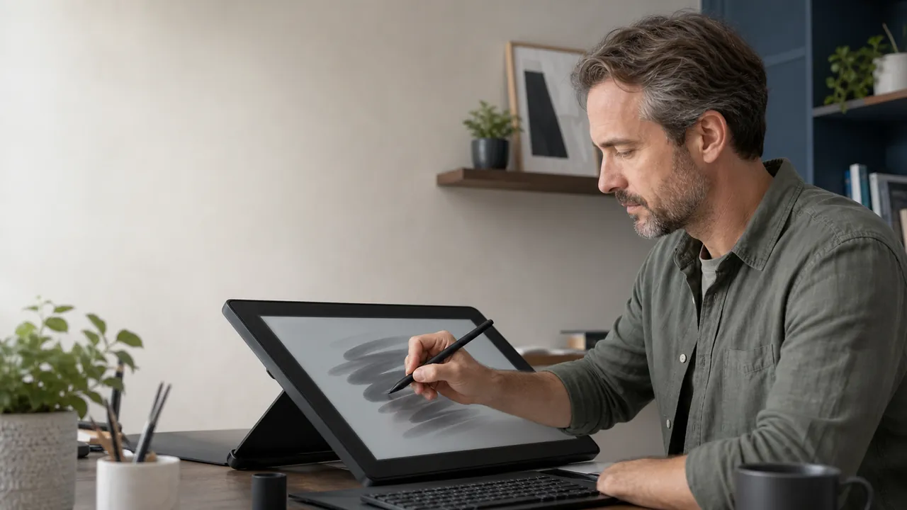 Digital artist testing stylus pressure and tilt on a pen display